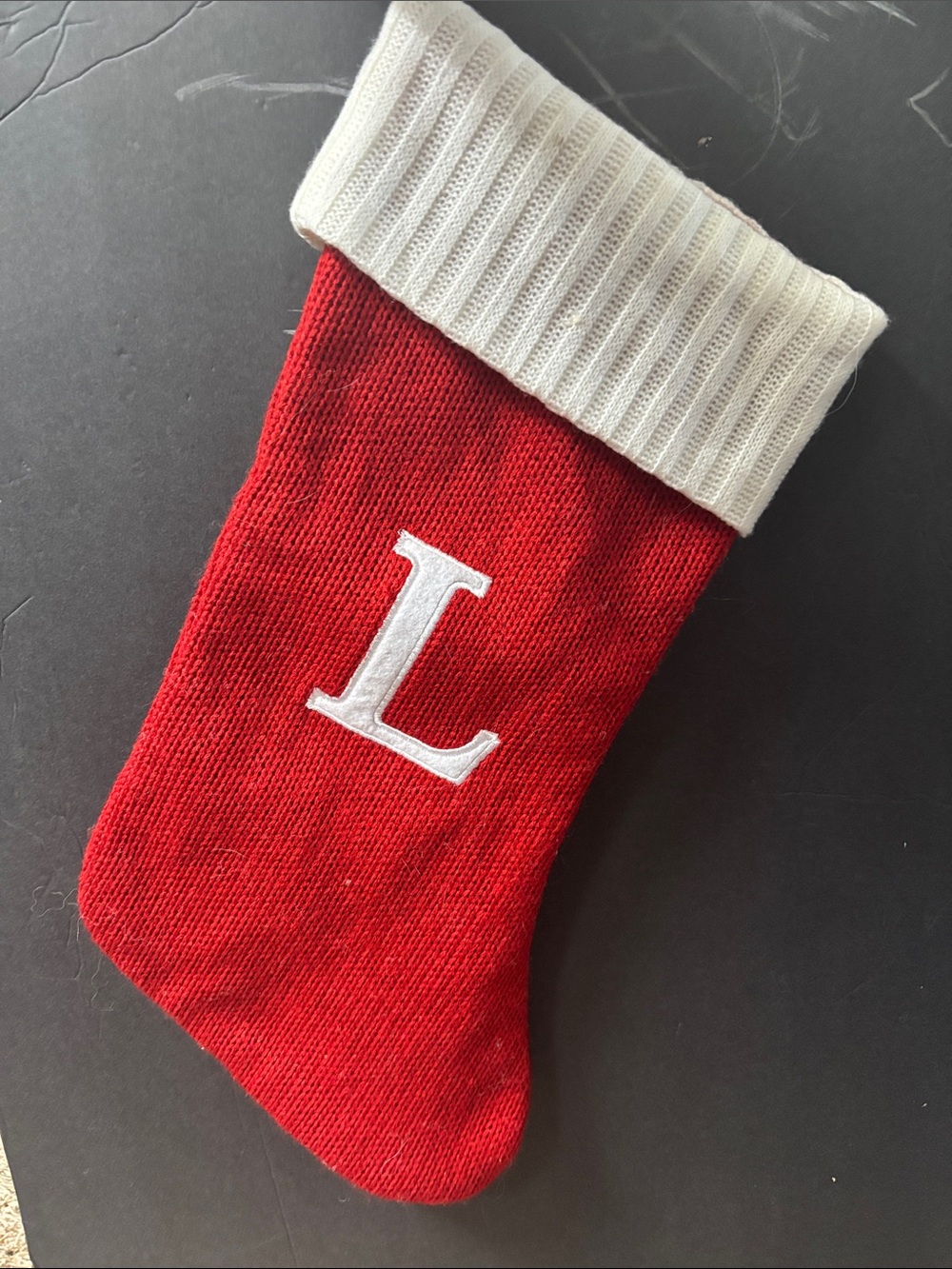 Red Knit Stocking with White Cuff and 'L' Monogram